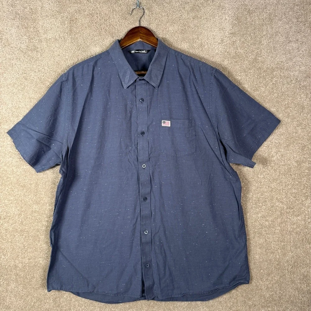 TravisMathew Button Down Shirt Mens XXL Blue USA Flag Logo Short Sleeve Golf